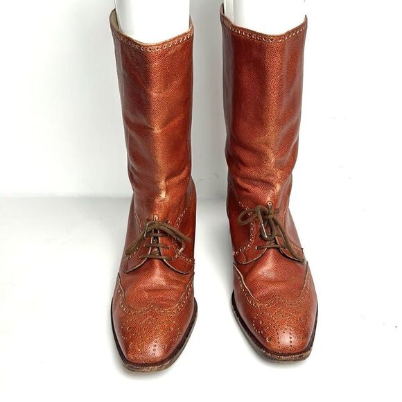 Vintage Fratelli Rosetti Italy Cognac Leather Wingtip Ankle Boots IT 38,5 US 8 - Picture 9 of 16